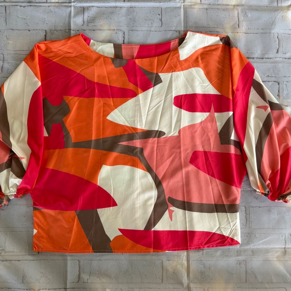 Bold Abstract Retro Blouse- Long Sleeve Boat Neck Top NWOT Size XL